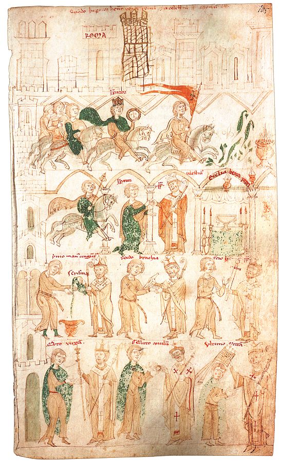 Die Kaiserkrönung Heinrichs VI. in einer Abbildung aus dem'Liber ad honorem Augusti'  des Petrus de Ebulo, 1196 (Quelle: Wikipedia)